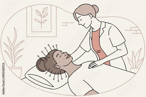 Woman receiving acupuncture treatment from practitioner. alternative medicine session for holistic health and stress relief vector illustration.