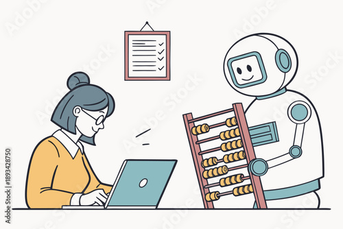 Technology comparison vector illustration showing a woman working on a laptop next to a robot holding a traditional abacus, representing old versus new computing methods.