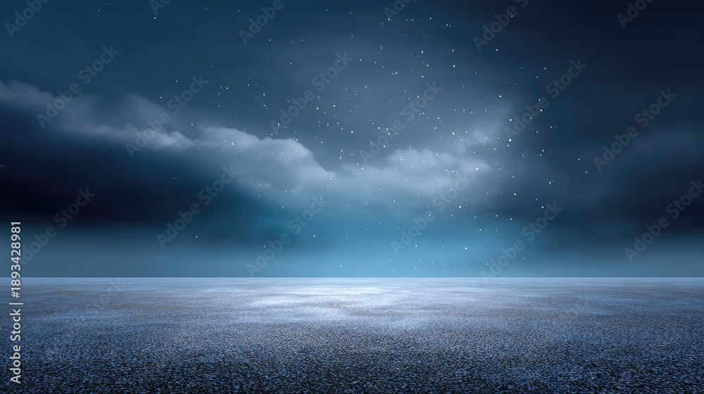 Fototapeta premium Tranquil Landscape at Dusk with Dark Clouds and Light Reflections on Water Surface in an Ethereal Blue Tone