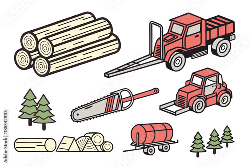Logging and forestry industry vector icon set: collection of heavy machinery like logging trucks and tractors, chainsaw, pine trees, and cut wood logs