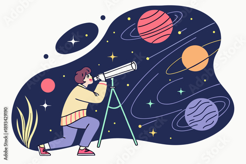 Flat vector illustration of person observing night sky with telescope. science, astronomy, education, exploration concept design.
