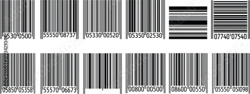 Black barcode collection showing multiple linear barcode styles with numbers, suitable for retail, inventory management, product labeling, packaging, and scanning system design use