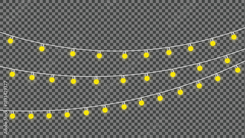 Twinkling fairy lights glow in soft amber. Golden garland loops around festive corner. Warm bulbs dangle on celebration wire. Holiday sparkle brightens the dark scene