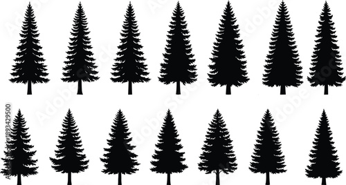 Black pine tree silhouettes collection, evergreen forest shapes, nature design elements, isolated conifer trees illustration set for winter landscape projects