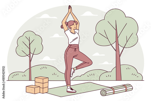 Young woman practicing tree pose yoga in park vector illustration: mindfulness, balance, and outdoor wellness exercise concept