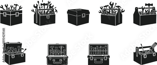 Black silhouette toolbox icon set with hand tools, repair equipment, maintenance kits, mechanic essentials, construction symbols, and industrial vector illustration collection