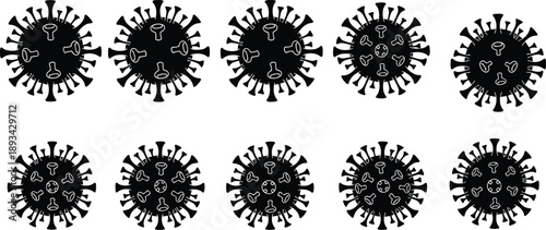 Black virus icon set showing coronavirus variations isolated on white background for medical infographic, healthcare design, epidemiology concept illustration