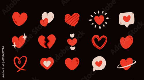 Hand drawn heart icons set in flat cartoon style, cute love symbols, romance and emotion collection, red and pink vector illustrations for social media, apps, stickers and design elements