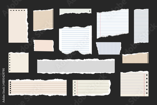 Colored ripped lined paper strips collection. Realistic paper scraps with torn edges. Sticky notes, shreds of notebook pages. Vector illustration.