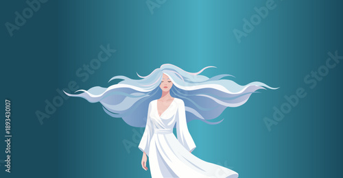 Ethereal Woman with Long Flowing Hair in White Dress on Blue Background