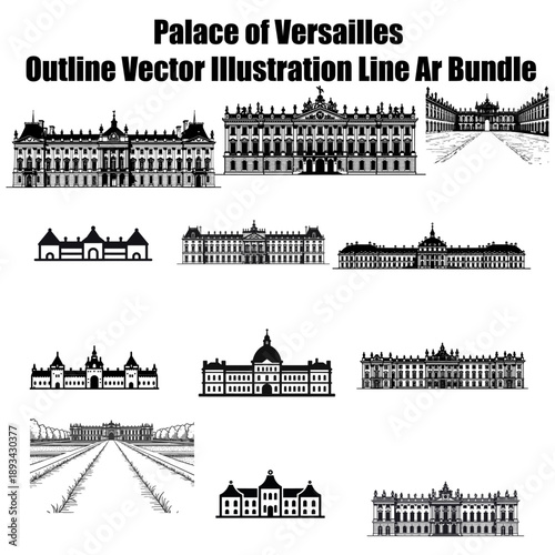 Palace of Versailles Outline Vector Illustration Minimal Monochrome Line Art