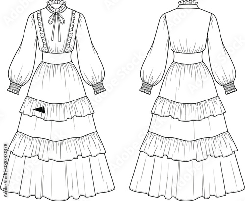 Vintage long sleeve dress technical fashion sketch showing front and back views, ruffled layered skirt design, elegant women clothing illustration