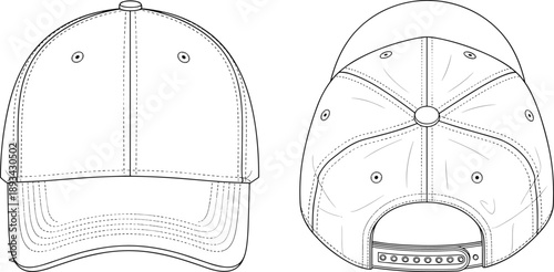 Baseball cap technical fashion illustration showing front and back views with stitching details adjustable strap and ventilation holes isolated on white