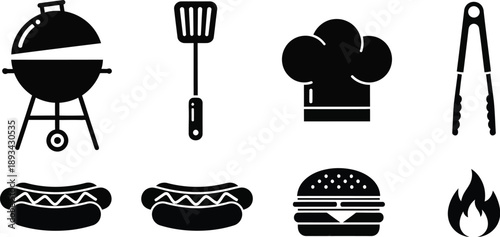 Barbecue grill with skewers for food, grilling, and summer events. Charcoal grill with five skewers of food cooking on the grate. Spatula, chef's hat, tongs, hot dogs in buns, hamburger, flame. 