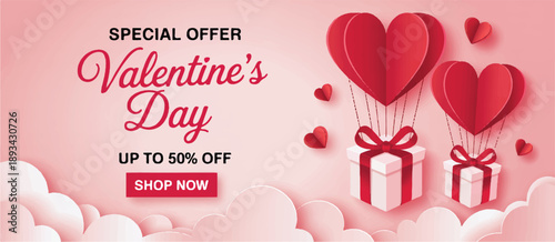 A Valentine's Day promotional banner with a soft pink gradient background. 