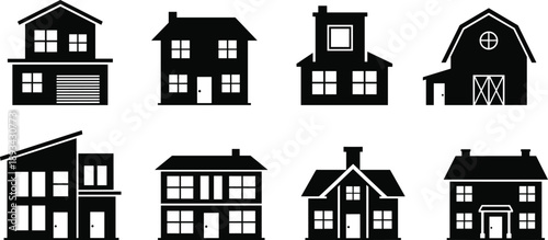 House building silhouettes icon set illustration showing different residential home types for real estate architecture construction design use