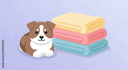 Adorable pup resting near a stack of folded pastel-colored towels