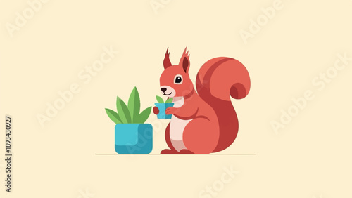 Adorable red squirrel holding a tiny potted plant next to another