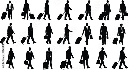 Business traveler silhouettes set showing men walking with suitcases and briefcases, professional people commuting, airport travel and corporate lifestyle concept