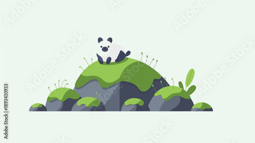 Adorable stylized panda rests on a mossy rocky outcrop in a serene setting