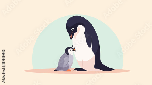 Adult and young penguins interacting on a soft beige and light blue background