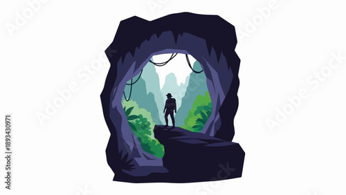 Adventurer stands on cliff edge looking out from a cave entrance