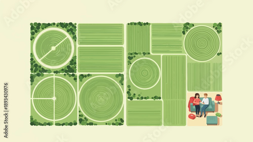 Aerial view of cultivated fields and a couple relaxing indoors