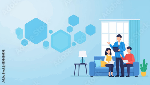 Agent explaining to a couple in a home setting with abstract shapes