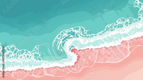 Aerial view of a turquoise wave crashing onto a pink sand beach