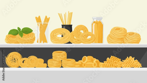 An assortment of dried pasta shapes displayed on shelves