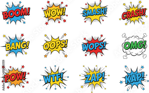 Comic sound effect stickers illustration set featuring boom bang wow smash crash zap words for pop art speech bubble design use