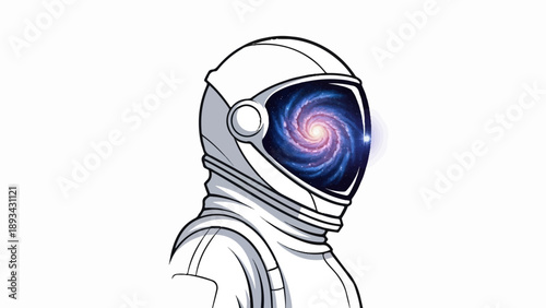 An astronaut's helmet reflects a vibrant spiral galaxy, a cosmic vista