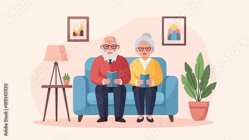 An elderly couple sits on a couch reading books