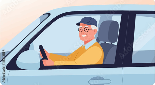 An elderly man with glasses and a cap drives a car with a smile