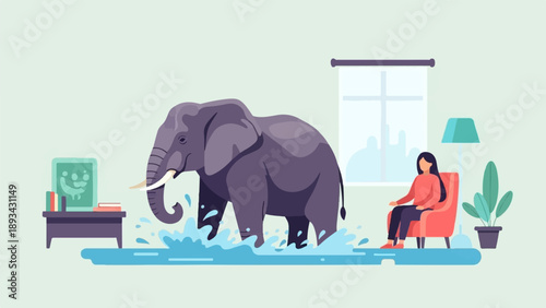 An elephant splashes water in a room as a person sits in a chair