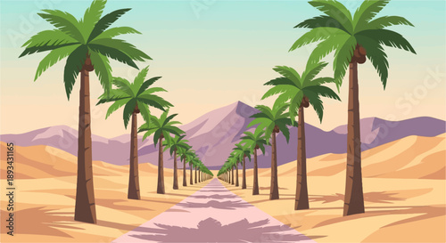 An endless path lined with palm trees through a desert landscape