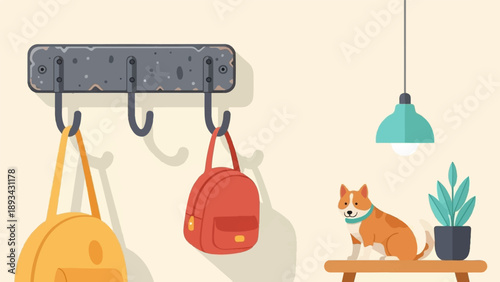 An interior scene with a dog, plant, bags hanging on a rack, and a lamp