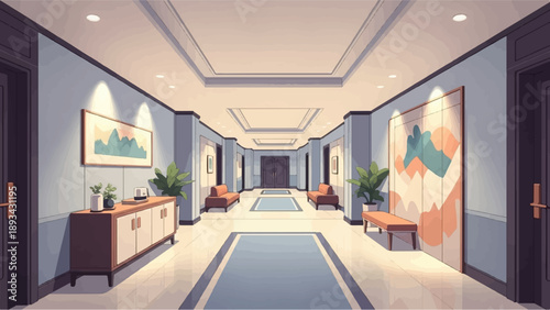 An interior hallway with doors, couches, and art