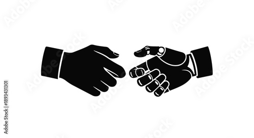 Robotics, technology, and human connection concept with handshake between human and robotic hand in black and white illustration