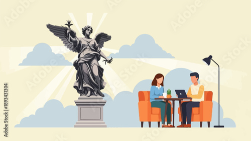 Angel statue overlooks a cozy cafe scene with two people working