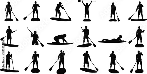 Stand up paddleboarding silhouettes collection illustration showing men paddling balancing and resting on boards for water sports recreation vector design
