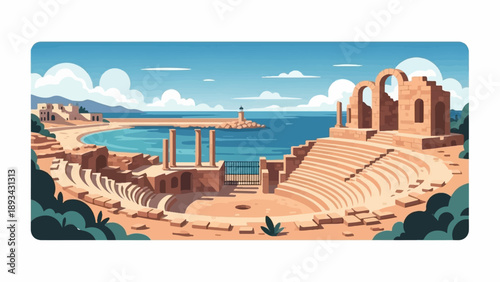 Ancient seaside amphitheater ruins with a lighthouse and distant town