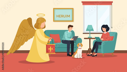 Angel visits home with people, dog, and a framed picture