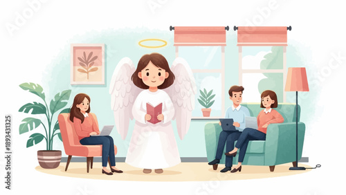 Angel with halo and book watches family relax in room with plants