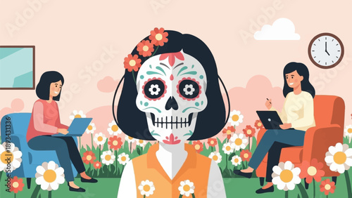 Artistic skull decorated woman with women working on laptops in garden
