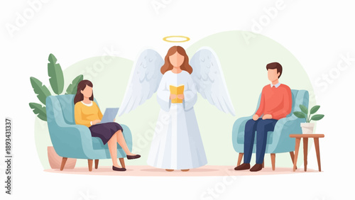 Angel with wings and halo guides couple in comfortable chairs
