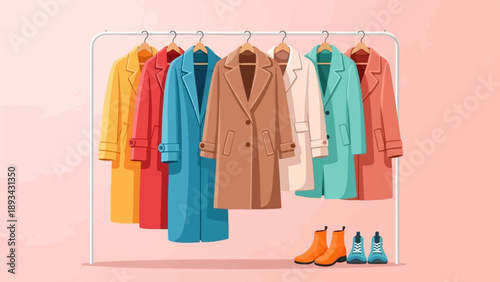 Assorted colorful coats and shoes arranged on a rack against a pink backdrop