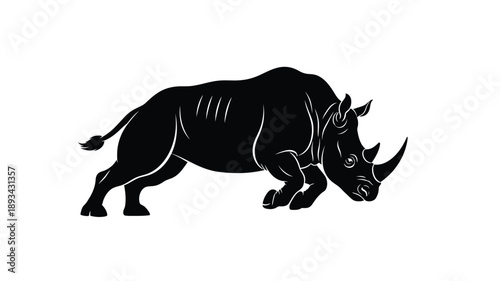 a detailed black rhino walking side profile illustration rendered as a silhouette