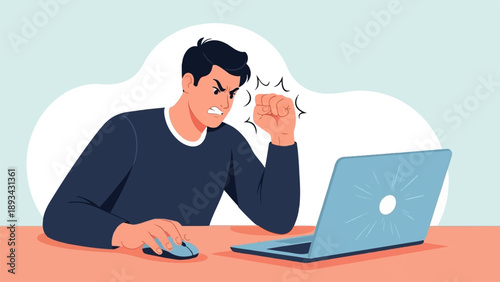 Angry person at computer, clenching fist in frustration, working