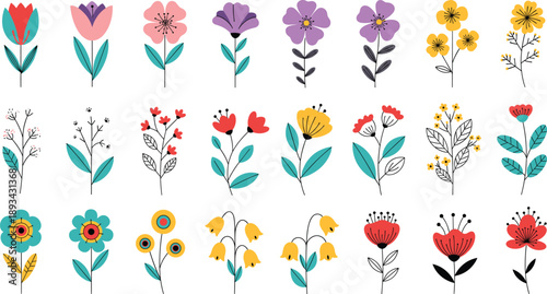 Colorful folk art flower illustration set with decorative blossoms leaves and botanical elements